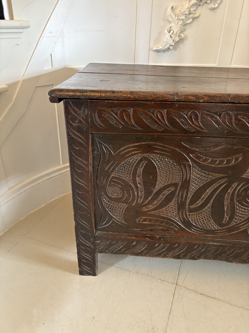 Antique 17th Century Quality Carved Oak Coffer - Image 9